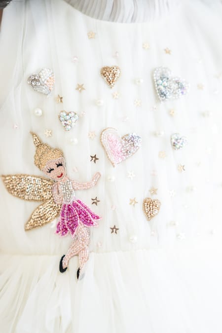 Ruchika Lath Label_Off White Tulle, Linen Fairy Hand Embroidered Yoke Dress _Online_at_Aza_Fashions