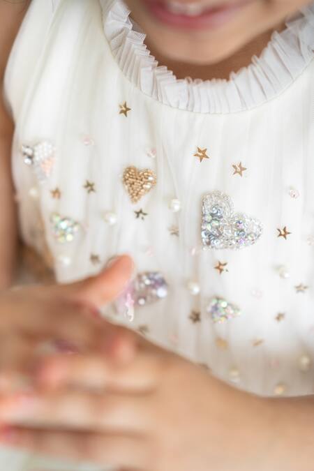 Shop_Ruchika Lath Label_Off White Tulle, Linen Fairy Hand Embroidered Yoke Dress _Online_at_Aza_Fashions