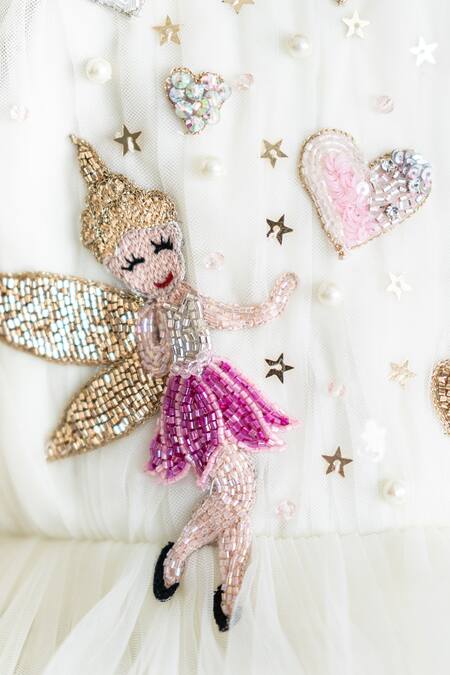 Buy_Ruchika Lath Label_Off White Tulle, Linen Fairy Hand Embroidered Yoke Dress 