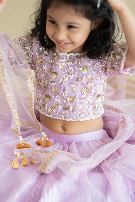 Ruchika Lath Label_Purple Tulle, Organza, Linen Sequins, Lavender Zari Embroidered Lehenga Set _at_Aza_Fashions