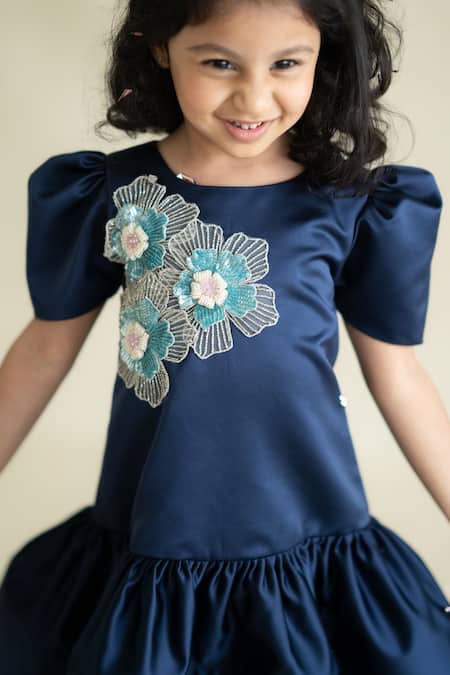 Buy_Ruchika Lath Label_Blue Embroidery Navy Floral Dress _Online_at_Aza_Fashions