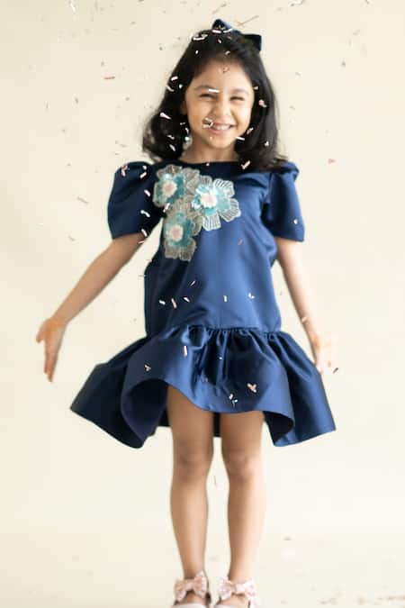 Shop_Ruchika Lath Label_Blue Embroidery Navy Floral Dress _Online_at_Aza_Fashions