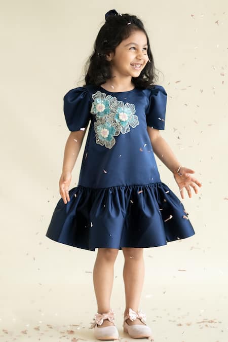 Ruchika Lath Label_Blue Embroidery Navy Floral Dress _at_Aza_Fashions