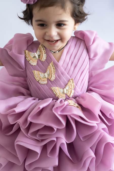 Buy_Ruchika Lath Label_Purple Organza, Crepe Beads Layered Ruffle Flare Dress _Online_at_Aza_Fashions