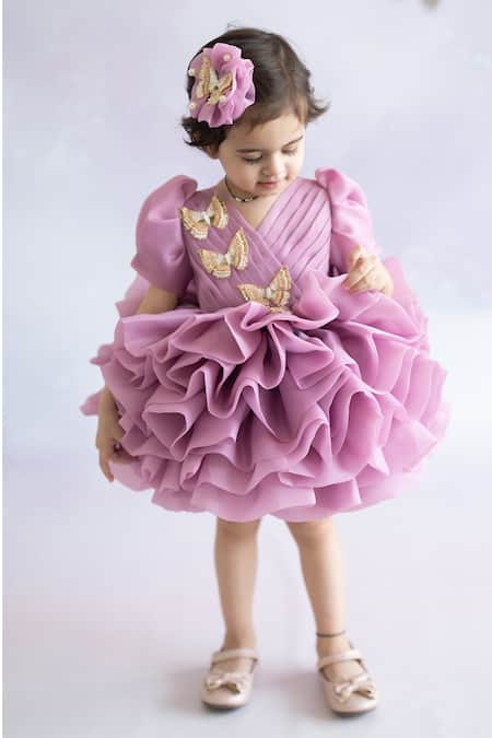 Shop_Ruchika Lath Label_Purple Organza, Crepe Beads Layered Ruffle Flare Dress _Online_at_Aza_Fashions
