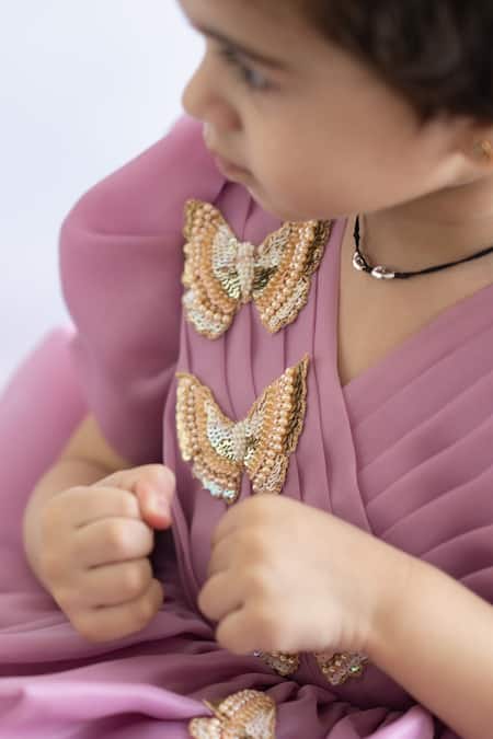 Ruchika Lath Label_Purple Organza, Crepe Beads Layered Ruffle Flare Dress _at_Aza_Fashions