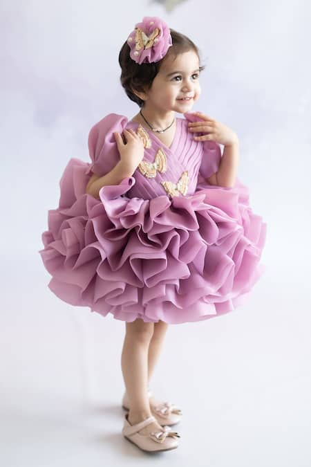 Shop_Ruchika Lath Label_Purple Organza, Crepe Beads Layered Ruffle Flare Dress 
