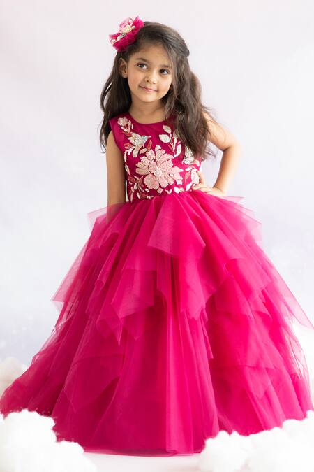 Buy_Ruchika Lath Label_Pink Tulle, Crepe Embroidery Hand Yoke Gown _Online_at_Aza_Fashions