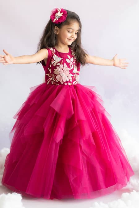 Shop_Ruchika Lath Label_Pink Tulle, Crepe Embroidery Hand Yoke Gown _Online_at_Aza_Fashions