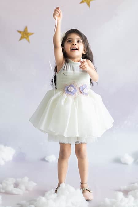 Ruchika Lath Label Off White Tulle, Satin, Organza, Crepe Embroidery, Sequins Floral Dress Online at Aza Fashions Ruchika Lath Label_Off White Tulle, Satin, Organza, Crepe Embroidery, Sequins Floral Dress _Online_at_Aza_Fashions