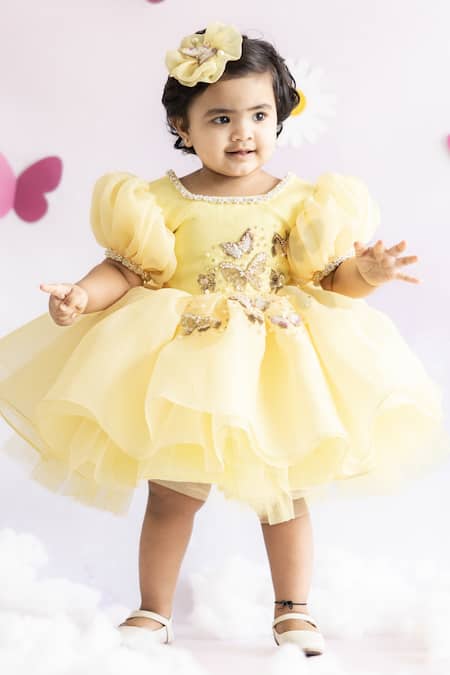 Shop Ruchika Lath Label Gold Tulle, Linen Beads, Bows Butterfly Hand Embroidered Dress Online at Aza Fashions Shop_Ruchika Lath Label_Gold Tulle, Linen Beads, Bows Butterfly Hand Embroidered Dress _Online_at_Aza_Fashions