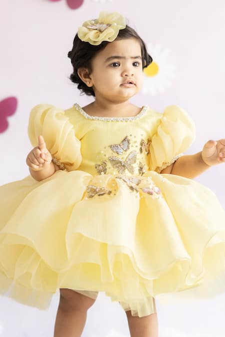 Buy Ruchika Lath Label Gold Tulle, Linen Beads, Bows Butterfly Hand Embroidered Dress Buy_Ruchika Lath Label_Gold Tulle, Linen Beads, Bows Butterfly Hand Embroidered Dress