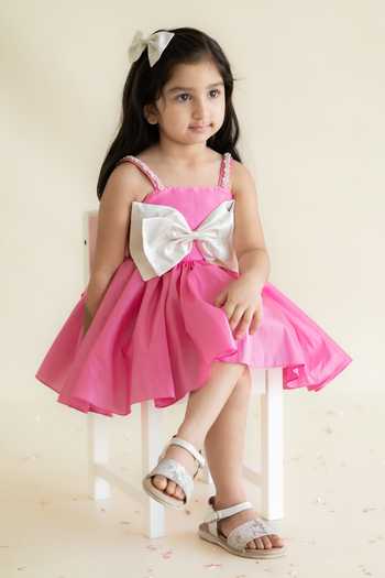 Ruchika Lath Label Pink Taffeta, Linen Bows Big Applique Fit And Flare Dress Online at Aza Fashions Ruchika Lath Label_Pink Taffeta, Linen Bows Big Applique Fit And Flare Dress _Online_at_Aza_Fashions