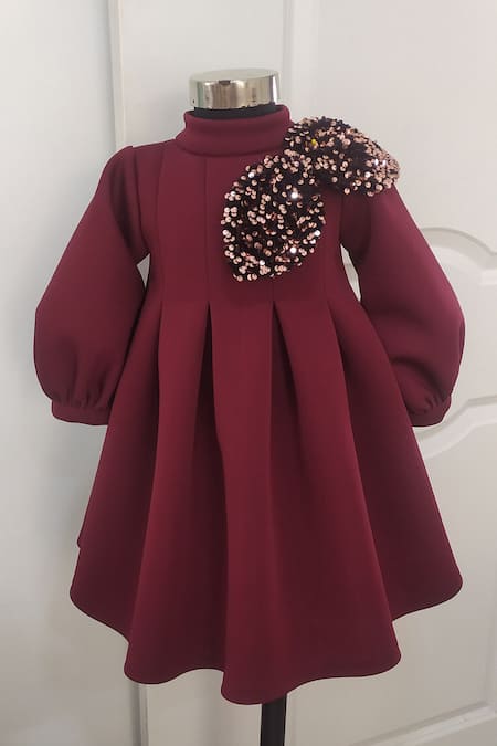 Ruchika Lath Label Maroon Neoprene Sequins, Bows Applique Dress