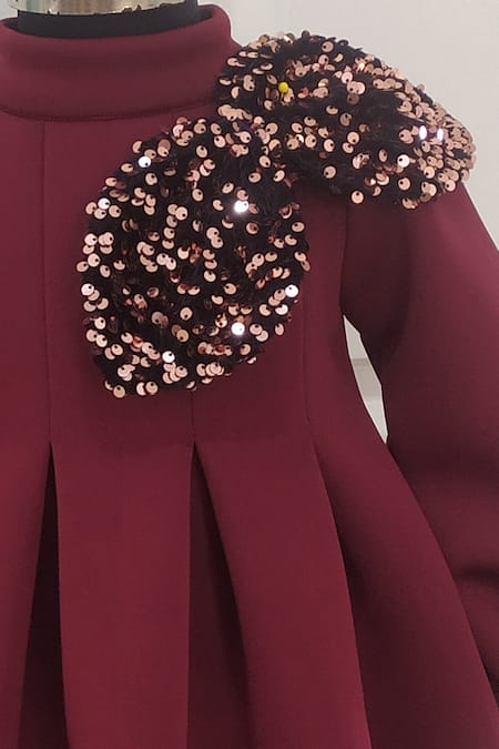 Shop Ruchika Lath Label Maroon Neoprene Sequins, Bows Applique Dress at Aza Fashions Shop_Ruchika Lath Label_Maroon Neoprene Sequins, Bows Applique Dress _at_Aza_Fashions