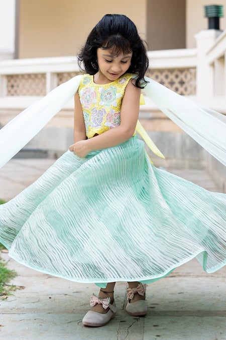 Ruchika Lath Label_Green Organza, Crepe Sequins, Beads Textured Floral Embroidered Lehenga Set _Online_at_Aza_Fashions