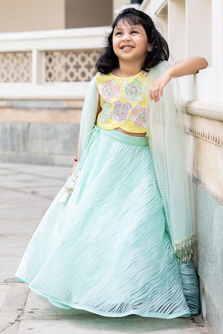 Shop_Ruchika Lath Label_Green Organza, Crepe Sequins, Beads Textured Floral Embroidered Lehenga Set _Online_at_Aza_Fashions