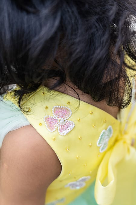 Buy_Ruchika Lath Label_Green Organza, Crepe Sequins, Beads Textured Floral Embroidered Lehenga Set 