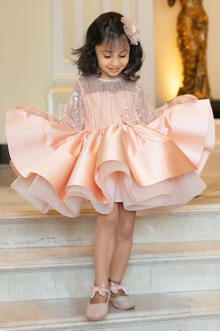 Ruchika Lath Label Peach Tulle Sequins Embroidered Bodice Dress