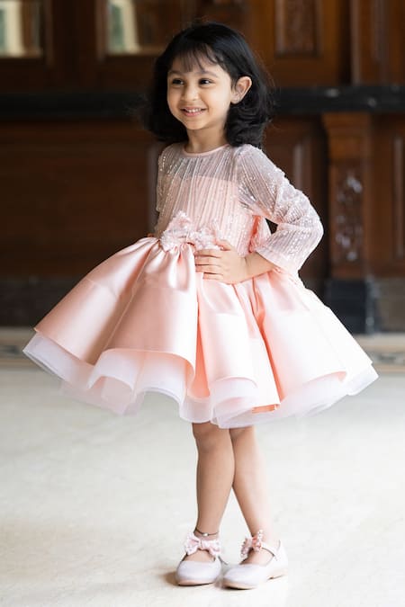 Ruchika Lath Label Peach Tulle Sequins Embroidered Bodice Dress Online at Aza Fashions Ruchika Lath Label_Peach Tulle Sequins Embroidered Bodice Dress_Online_at_Aza_Fashions