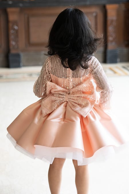 Shop Ruchika Lath Label Peach Tulle Sequins Embroidered Bodice Dress Online at Aza Fashions Shop_Ruchika Lath Label_Peach Tulle Sequins Embroidered Bodice Dress_Online_at_Aza_Fashions