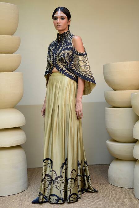 Buy_Ekru_Beige Organza, Modal, Satin Embroidery High Bankura Hand Crop Jacket With Skirt_Online_at_Aza_Fashions