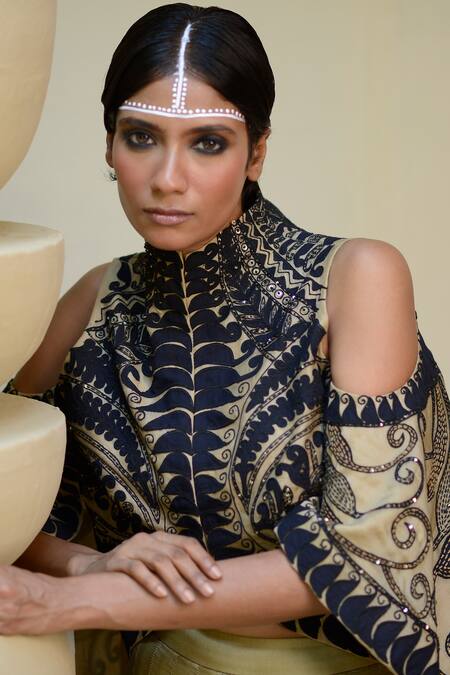 Shop_Ekru_Beige Organza, Modal, Satin Embroidery High Bankura Hand Crop Jacket With Skirt_Online_at_Aza_Fashions