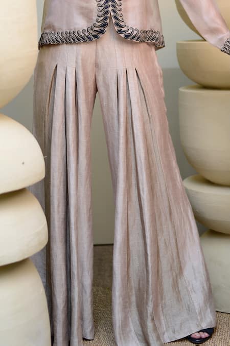 Ekru_Grey Organza, Linen, Satin Sequins Round Paisley Embroidered Jacket And Pant Set_Online_at_Aza_Fashions