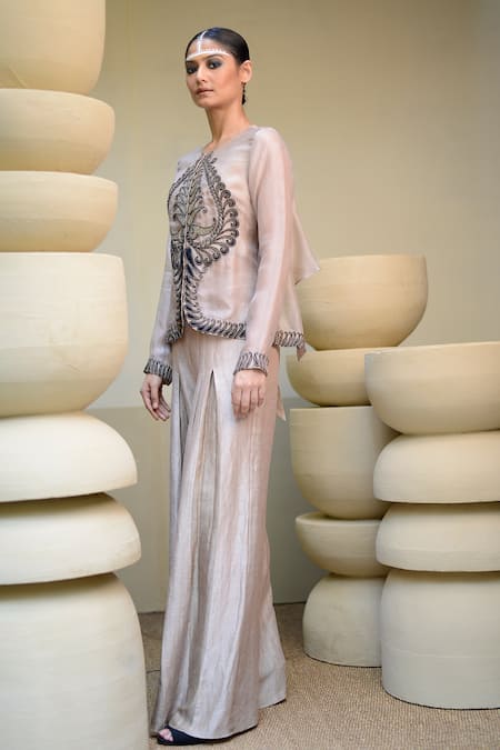 Buy_Ekru_Grey Organza, Linen, Satin Sequins Round Paisley Embroidered Jacket And Pant Set_Online_at_Aza_Fashions
