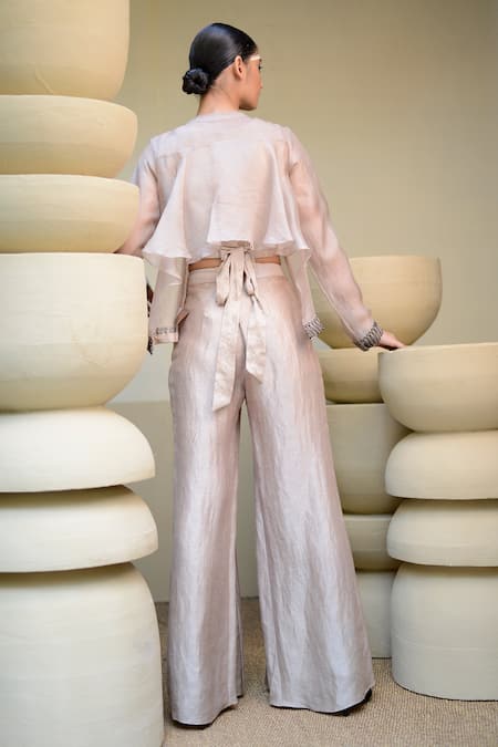 Shop_Ekru_Grey Organza, Linen, Satin Sequins Round Paisley Embroidered Jacket And Pant Set_Online_at_Aza_Fashions