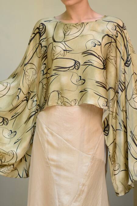 Buy_Ekru_Beige Modal, Satin, Organza Round Neck Mother Love Print Kaftan Top With Skirt_Online_at_Aza_Fashions