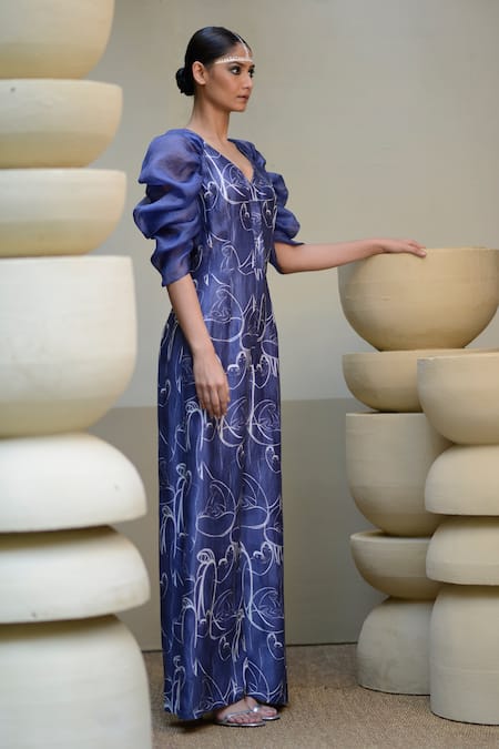 Buy_Ekru_Blue Linen, Satin, Organza V-neck Mother Love Print Jumpsuit_Online_at_Aza_Fashions
