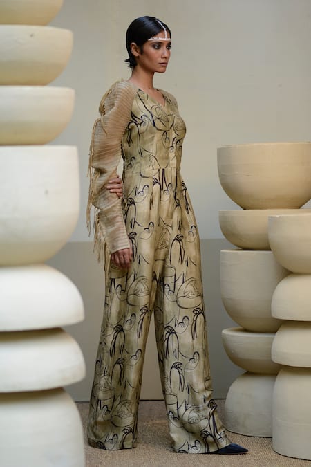 Buy_Ekru_Beige Organza, Linen, Satin Fringe, Mother And Child Love Print Jumpsuit_Online_at_Aza_Fashions