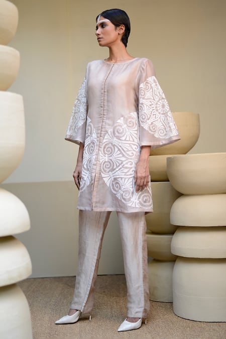 Buy_Ekru_Grey Organza, Linen Embroidery Round Neck Swirl Jacket Tunic And Pant Set_Online_at_Aza_Fashions