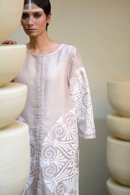 Shop_Ekru_Grey Organza, Linen Embroidery Round Neck Swirl Jacket Tunic And Pant Set_Online_at_Aza_Fashions