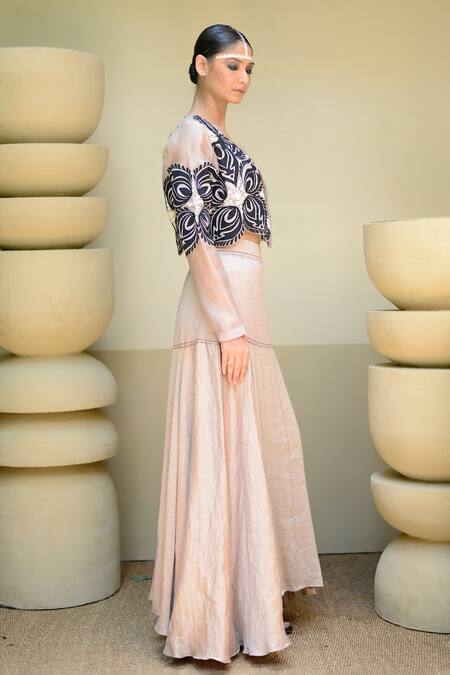 Shop_Ekru_Grey Organza, Linen Embroidery Round Neck Eye Of The Leaf Jacket And Skirt Set_Online_at_Aza_Fashions
