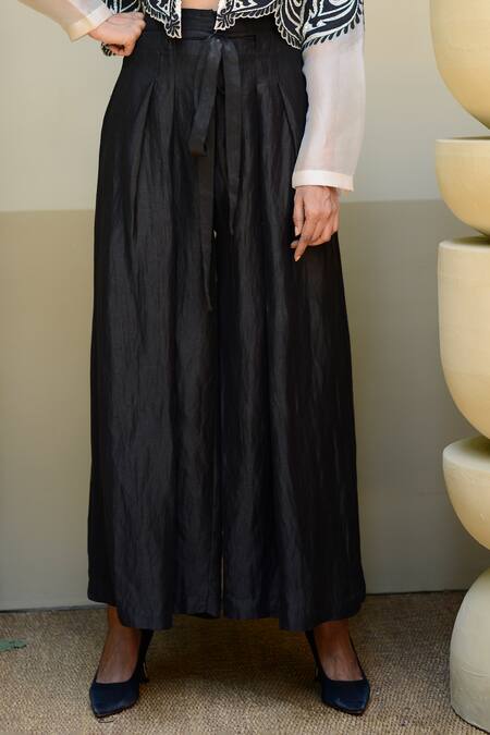 Ekru_Ivory Organza, Linen, Satin Embroidery Eye Of The Leaf Jacket And Culottes Set_Online_at_Aza_Fashions