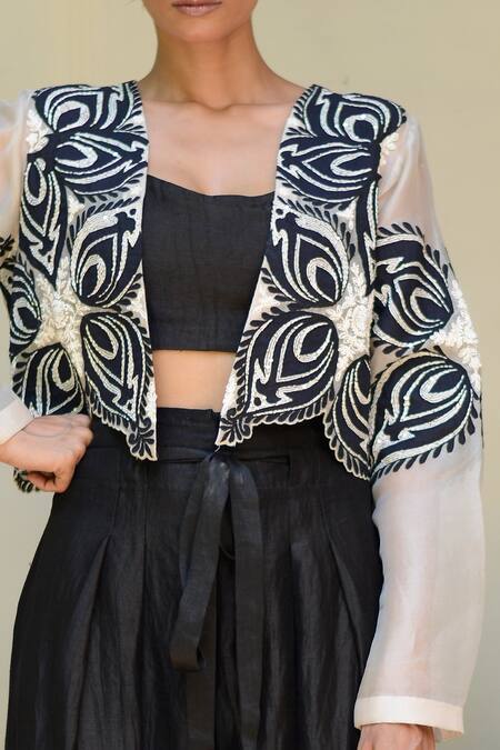 Buy_Ekru_Ivory Organza, Linen, Satin Embroidery Eye Of The Leaf Jacket And Culottes Set_Online_at_Aza_Fashions