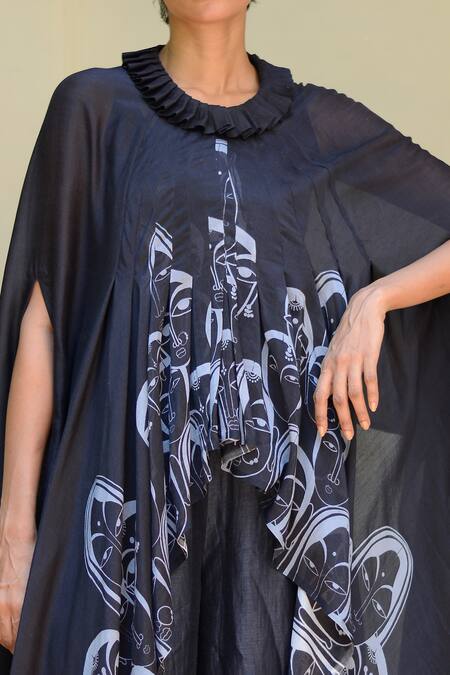 Ekru_Blue Round Neck Asymmetric Boho Figurine Kaftan Set_Online_at_Aza_Fashions