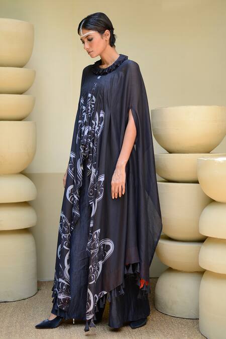 Buy_Ekru_Blue Round Neck Asymmetric Boho Figurine Kaftan Set_Online_at_Aza_Fashions
