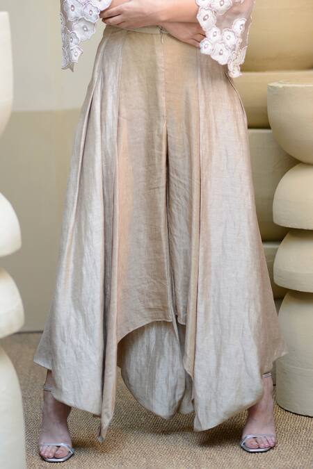 Buy Ekru Grey Organza, Linen Embroidery Round Neck Floral Crop Top With Balloon Pant Online at Aza Fashions Buy_Ekru_Grey Organza, Linen Embroidery Round Neck Floral Crop Top With Balloon Pant_Online_at_Aza_Fashions