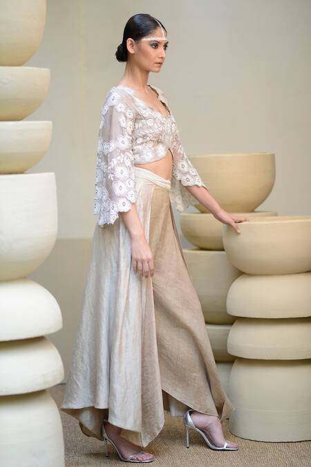 Shop_Ekru_Grey Organza, Linen Embroidery Round Neck Floral Crop Top With Balloon Pant_Online_at_Aza_Fashions