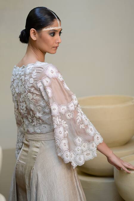 Ekru_Grey Organza, Linen Embroidery Round Neck Floral Crop Top With Balloon Pant_at_Aza_Fashions