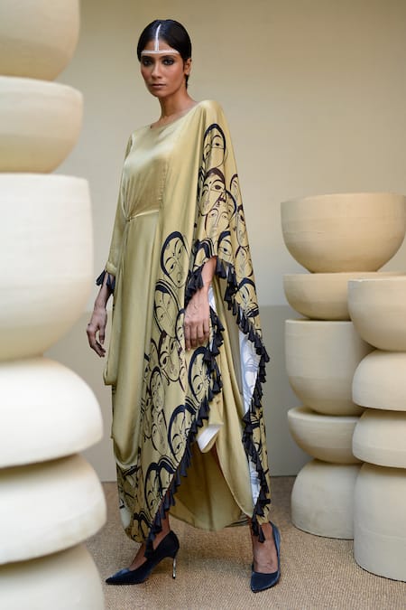 Buy_Ekru_Beige Chanderi, Modal Tassels Round Neck Human Portrait Print Drape Dress_Online_at_Aza_Fashions