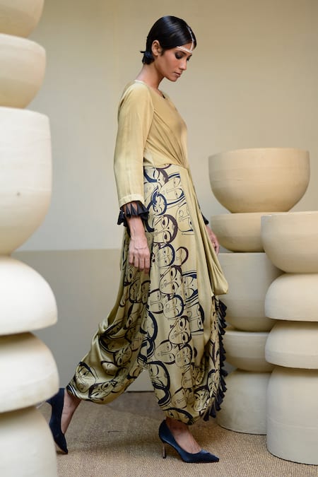 Shop_Ekru_Beige Chanderi, Modal Tassels Round Neck Human Portrait Print Drape Dress_Online_at_Aza_Fashions