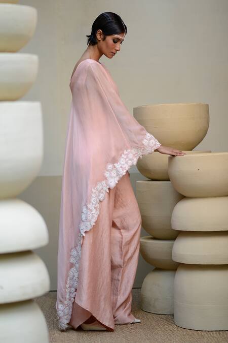 Ekru_Pink Organza, Linen Embroidery Boat Neck Placement Floral Jumpsuit_Online_at_Aza_Fashions