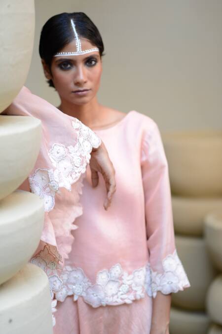 Buy_Ekru_Pink Organza, Linen Embroidery Boat Neck Placement Floral Jumpsuit_Online_at_Aza_Fashions