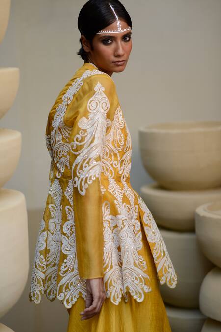 Buy_Ekru_Yellow Organza, Linen, Satin Mandala Embroidered Peplum Tunic With Sharara_Online_at_Aza_Fashions