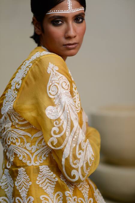 Shop_Ekru_Yellow Organza, Linen, Satin Mandala Embroidered Peplum Tunic With Sharara_Online_at_Aza_Fashions