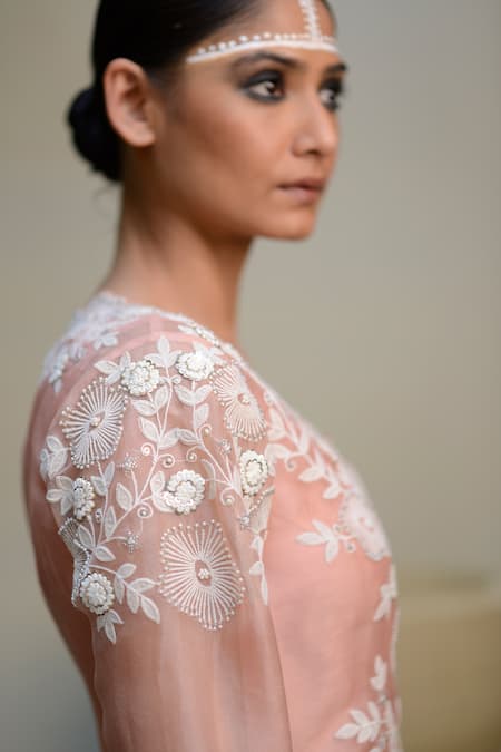 Buy_Ekru_Pink Organza, Chanderi, Taffeta Embroidery V-neck Bankura Jacket With Lehenga_Online_at_Aza_Fashions